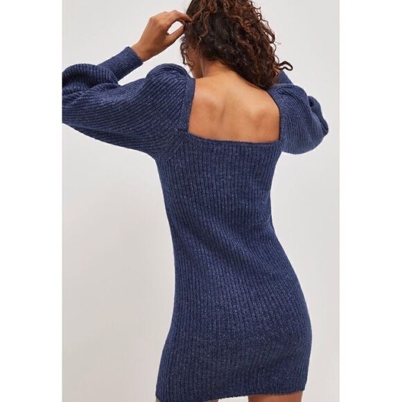 NEW Anthropologie Asha Navy Square Puff-Sleeved Shimmer Knit Mini Dress Medium - Picture 4 of 6